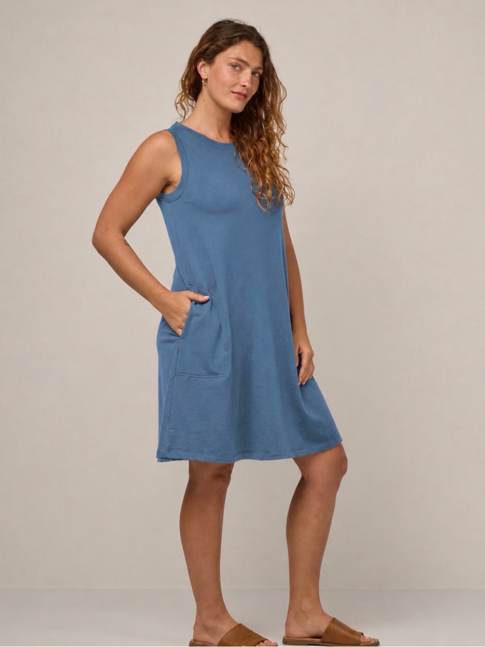 wool& Sierra Tank Dress M Aurora Blue Heather Merino Wool French Terry